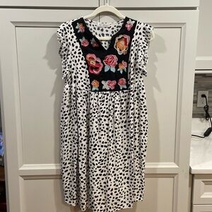 Kirundo Summer Mini Dress V Neck Boho Floral Embroidered Sundress Size Medium